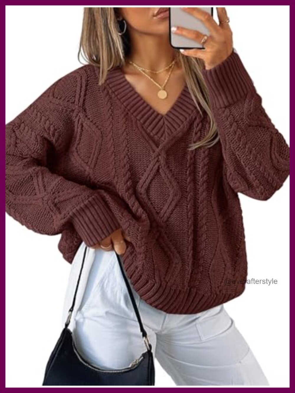 Cable Knit Oversized Sweater Women V Neck Long Sleeve Chunky Pullover